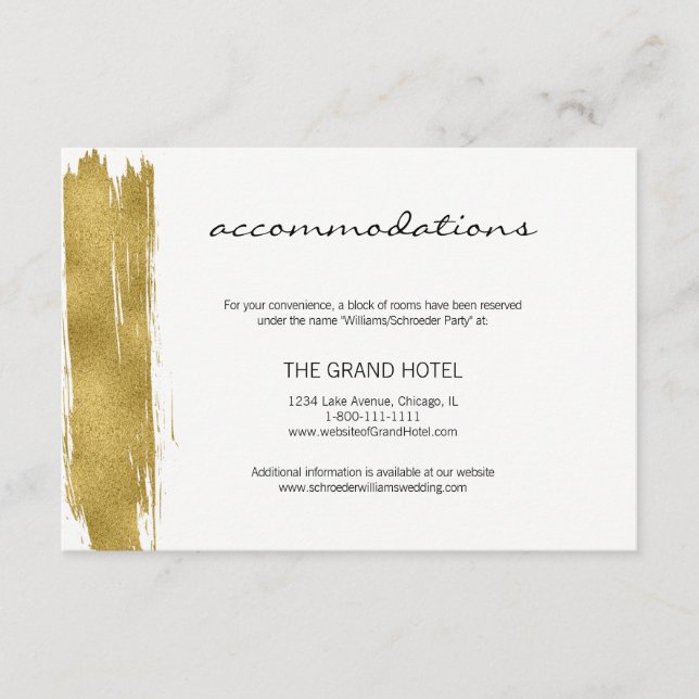 Modern Gold Brushstroke Wedding Accommodation Card (Front)