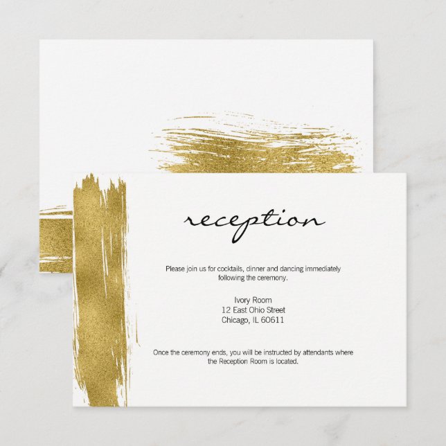 Modern Gold Brushstroke Wedding Reception Card (Front/Back)