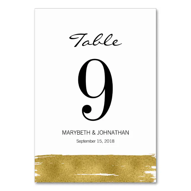 Modern Gold Brushstroke Wedding Table Number Card | Zazzle