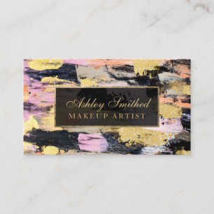 Modern gold brushstrokes acrylic pink black makeup business card