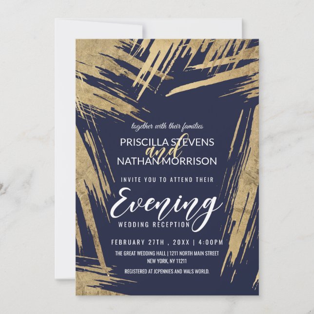 Modern Gold Brushstrokes Navy Blue Chic Evening Invitation (Front)