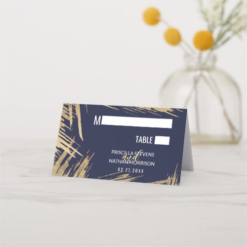 Modern Gold Brushstrokes Navy Blue Chic Wedding Place Card