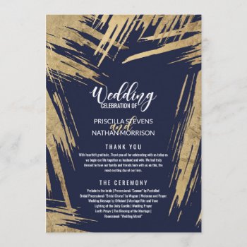 Modern Gold Brushstrokes Navy Blue Wedding Program by I_Invite_You at Zazzle