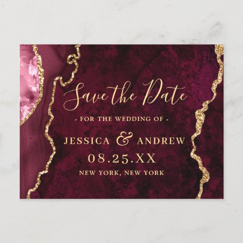 Modern Gold Burgundy Agate Marble Save the Date Announcement Postcard