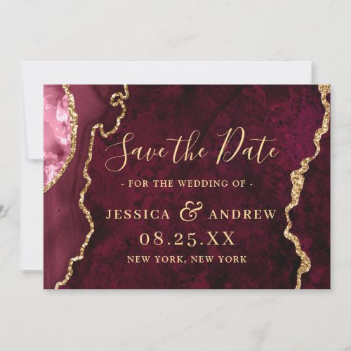 Modern Gold Burgundy Agate Wedding Save the Date