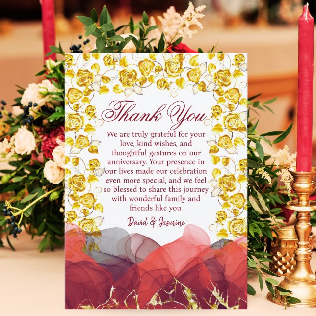 Modern Gold & Burgundy Foral Wedding Anniversary Thank You Card (Creator Uploaded)