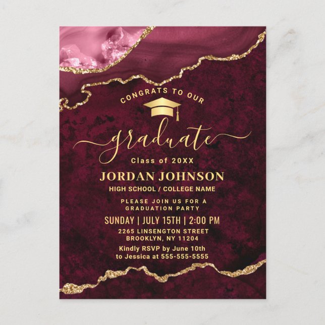 Modern Gold Burgundy Graduation Party Invitation Postcard (Front)