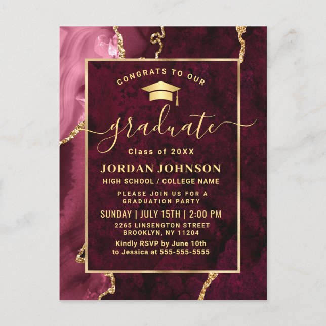 Modern Gold Burgundy Graduation Party Invitation Postcard (Front)