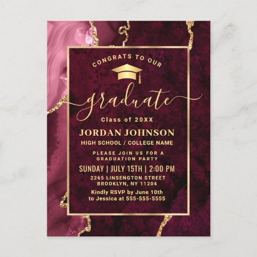 Modern Gold Burgundy Graduation Party Invitation Postcard