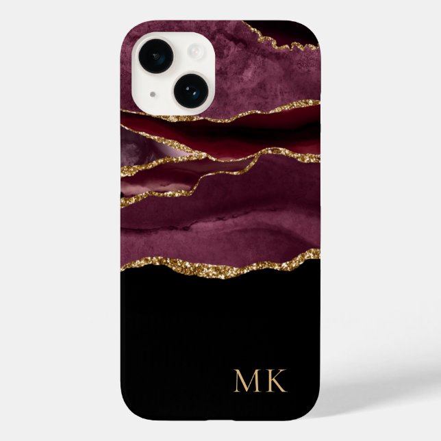 Modern Gold & Burgundy Marble Agate Monogram Case-Mate iPhone Case (Back)