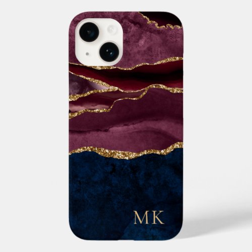 Modern Gold Burgundy  Navy Marble Agate Case_Mate iPhone 14 Case