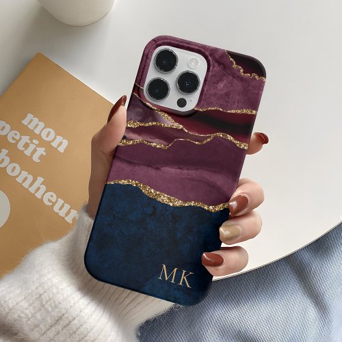 Modern Gold Burgundy  Navy Marble Agate Case_Mate iPhone 14 Pro Case