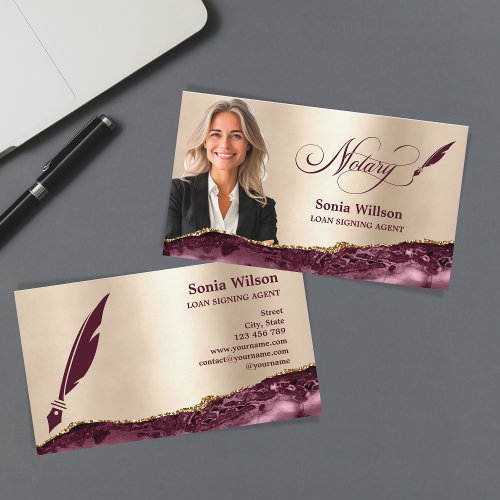 Modern Gold Burgundy Notary Loan Signing Agent Business Card