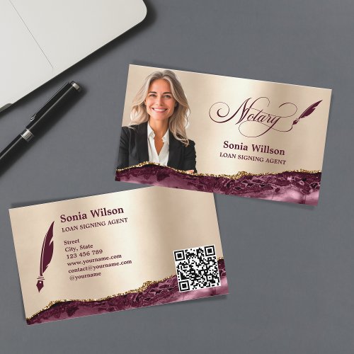 Modern Gold Burgundy Notary Loan Signing QR Code Business Card