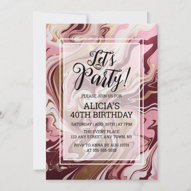 Modern Gold Burgundy Pink Marble Fluid Birthday Invitation (Front)