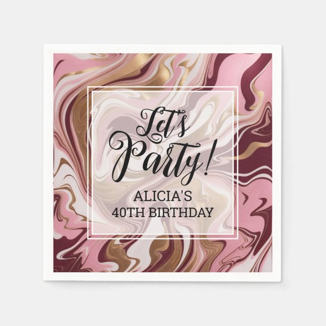 Modern Gold Burgundy Pink Marble Fluid Birthday Napkins (Front)