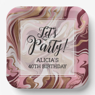 Modern Gold Burgundy Pink Marble Fluid Birthday Paper Plates