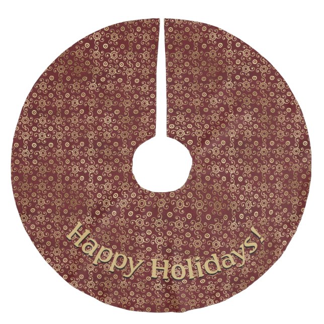 Modern Gold Burgundy Swirls Pattern Add Message Brushed Polyester Tree Skirt (Front)
