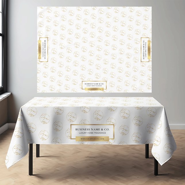 Modern Gold Business Logo Pattern Chic Craft Show Tablecloth (Elegant white and gold effects logo branded tablecloth for business *mockup bg is Ai generated*)