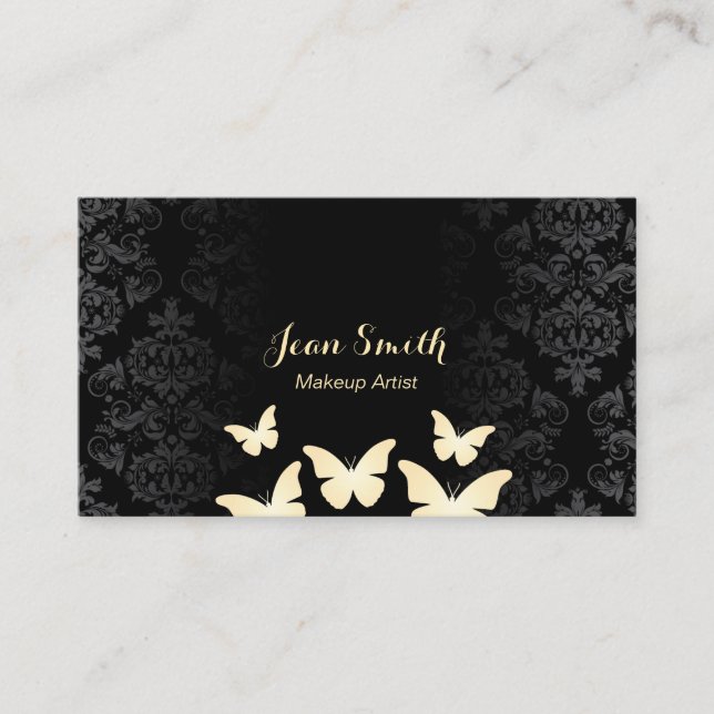 Modern Gold Butterflies Damask Makeup Artist Business Card (Front)