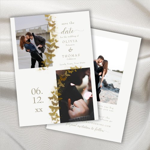 Modern Gold Butterflies Elegant 3 Photos Wedding Save The Date