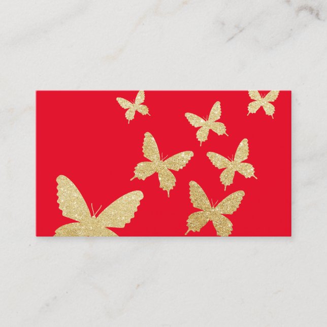 Modern Gold Butterflies Simple Red Makeup Artist Business Card (Front)