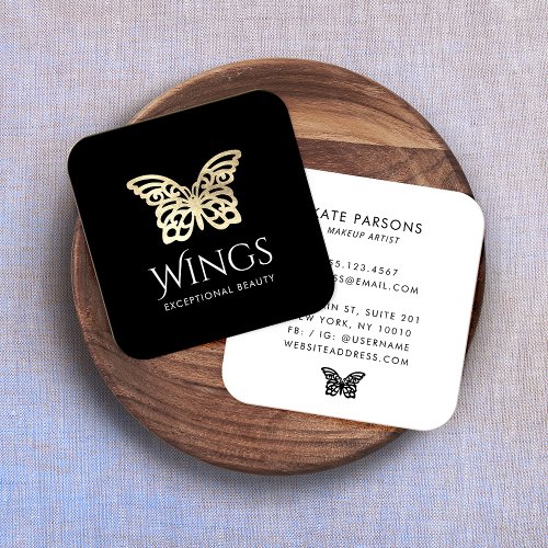 Modern Gold Butterfly Black  Square Business Card