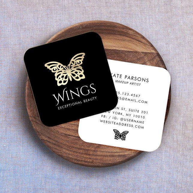 Modern Gold Butterfly Black  Square Business Card (Creator Uploaded)