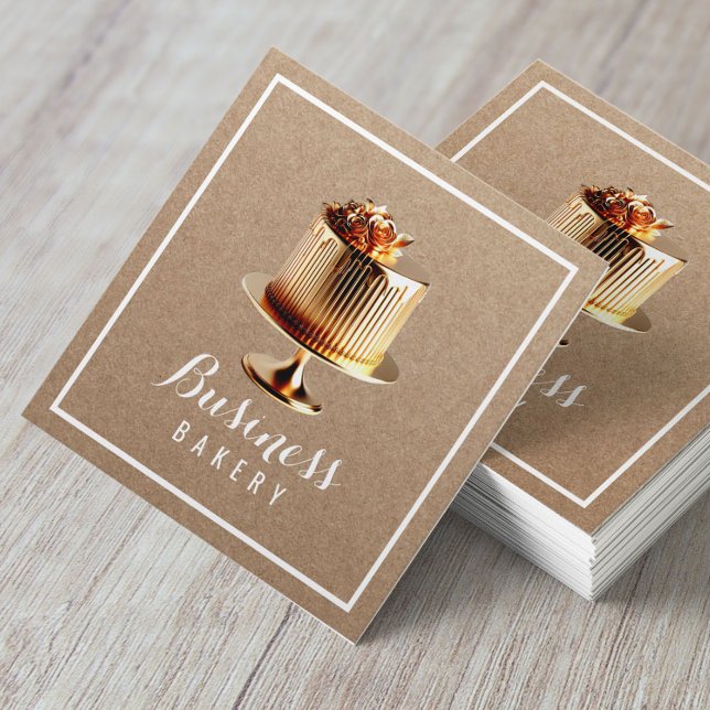 Modern Gold Cake Home Bakery Pastry Chef Kraft Square Business Card (Creator Uploaded)