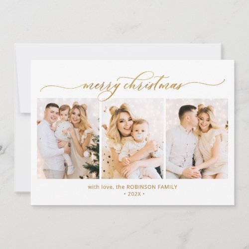 Modern Gold Calligraphy 3 Multi Photo Christmas Holiday Card