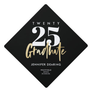 Modern Gold Calligraphy Black Graduation Cap Topper