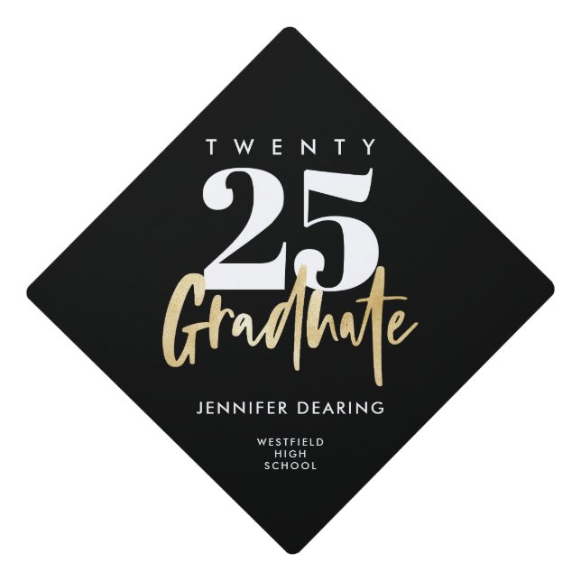 Modern Gold Calligraphy Black Graduation Cap Topper (Front)