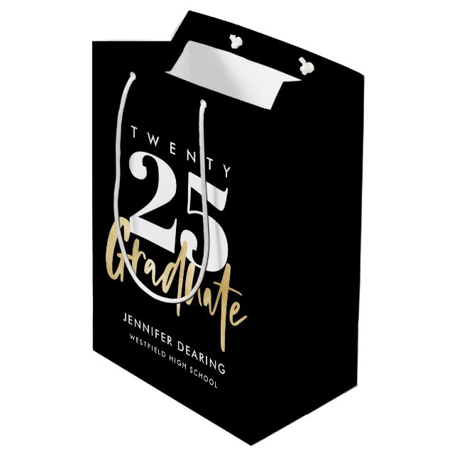 Modern Gold Calligraphy Black Graduation Medium Gift Bag (Back Angled)
