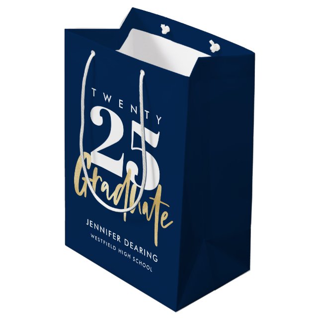 Modern Gold Calligraphy Blue Graduation Medium Gift Bag (Back Angled)