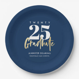 Modern Gold Calligraphy Blue Graduation Paper Plates
