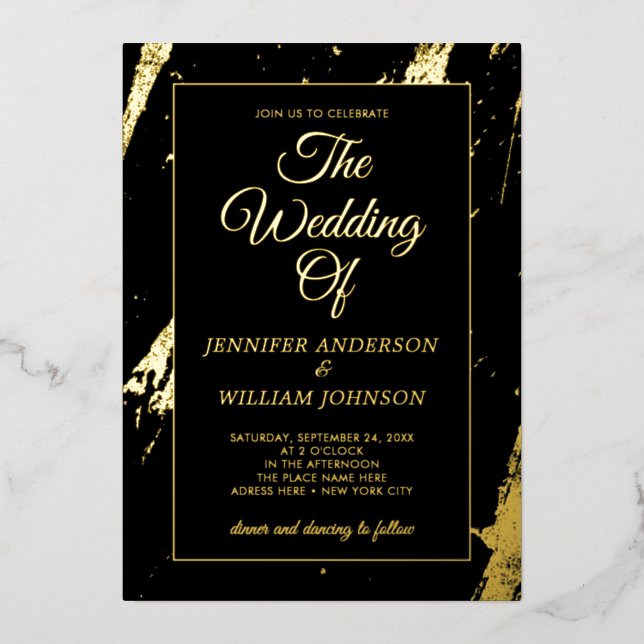 Modern Gold Calligraphy Elegant Black Wedding Foil Invitation (Front)