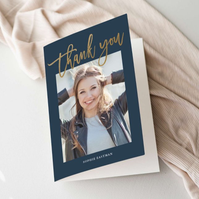 Modern Gold Calligraphy Graduation Thank You Card (Modern Gold Script Graduation Photo Thank You Card.)