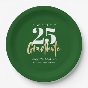 Modern Gold Calligraphy Green Graduation Paper Plates