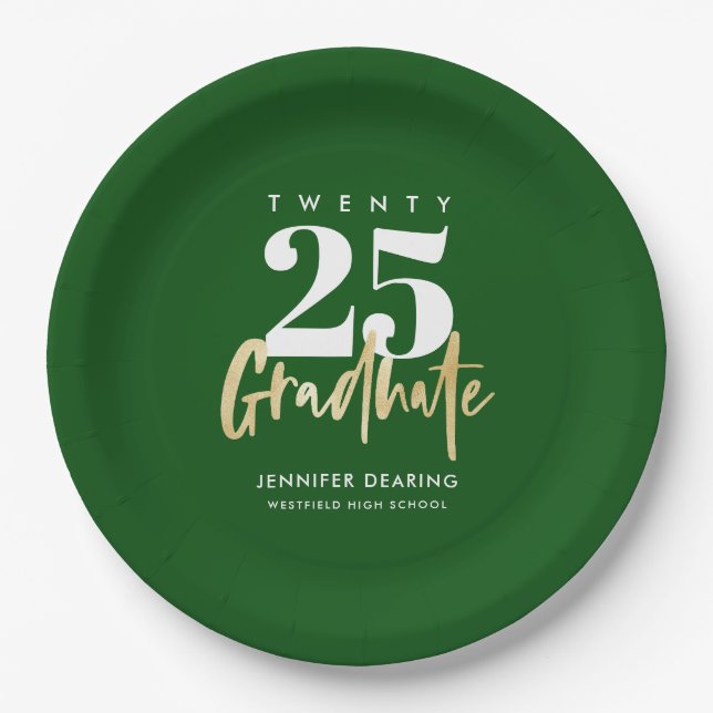 Modern Gold Calligraphy Green Graduation Paper Plates (Front)