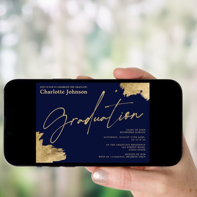 Modern gold calligraphy navy blue photo graduation invitation (Front Digital)