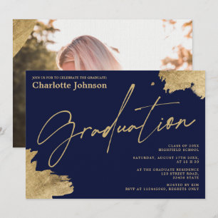 Modern gold calligraphy navy blue photo graduation invitation