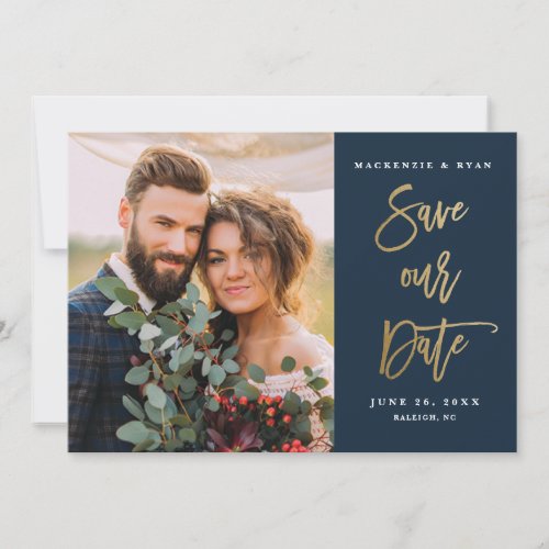 Modern Gold Calligraphy Navy Blue Photo Save The Date