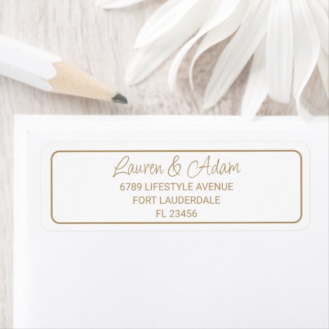 Modern Gold Calligraphy on White Wedding Address Label (Insitu)
