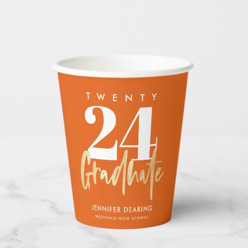 Modern Gold Calligraphy Orange Graduation Paper Cups