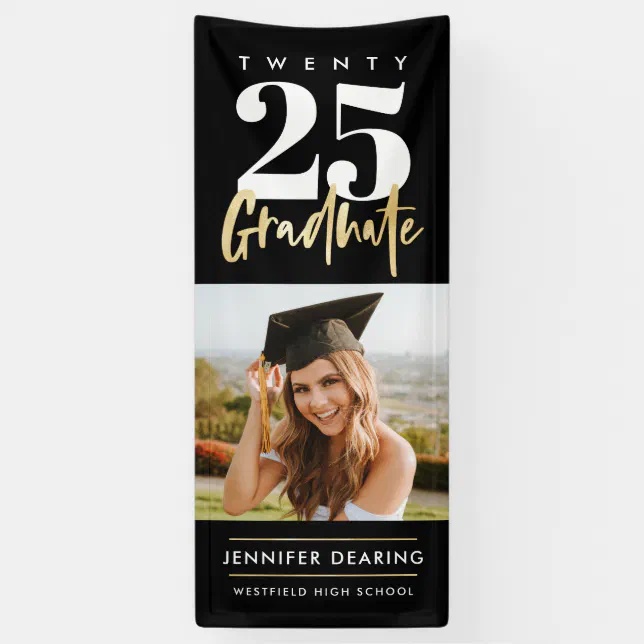 Modern Gold Calligraphy Photo Black Graduation Banner | Zazzle