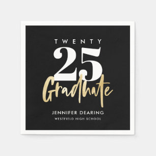 Modern Gold Calligraphy Photo Black Graduation Napkins