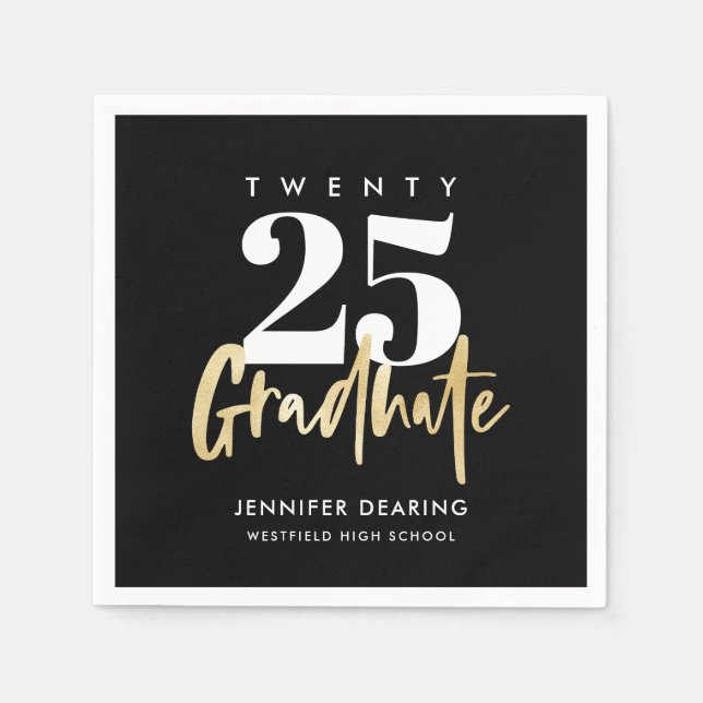 Modern Gold Calligraphy Photo Black Graduation Napkins (Front)