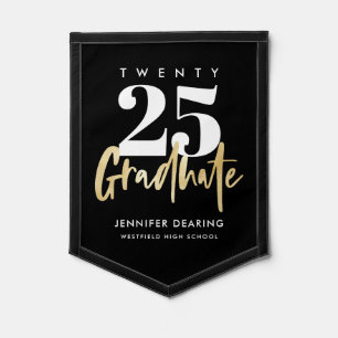 Modern Gold Calligraphy Photo Black Graduation Pennant