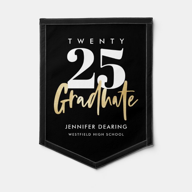 Modern Gold Calligraphy Photo Black Graduation Pennant (Front)