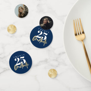 Modern Gold Calligraphy Photo Blue Graduation Confetti